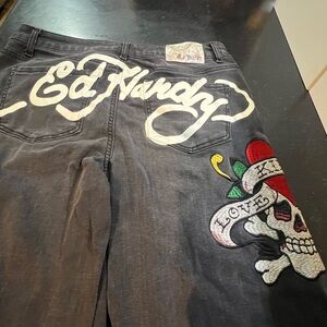 Ed Hardy Black Jeans Love Kills Slowly with Embroidered Skull